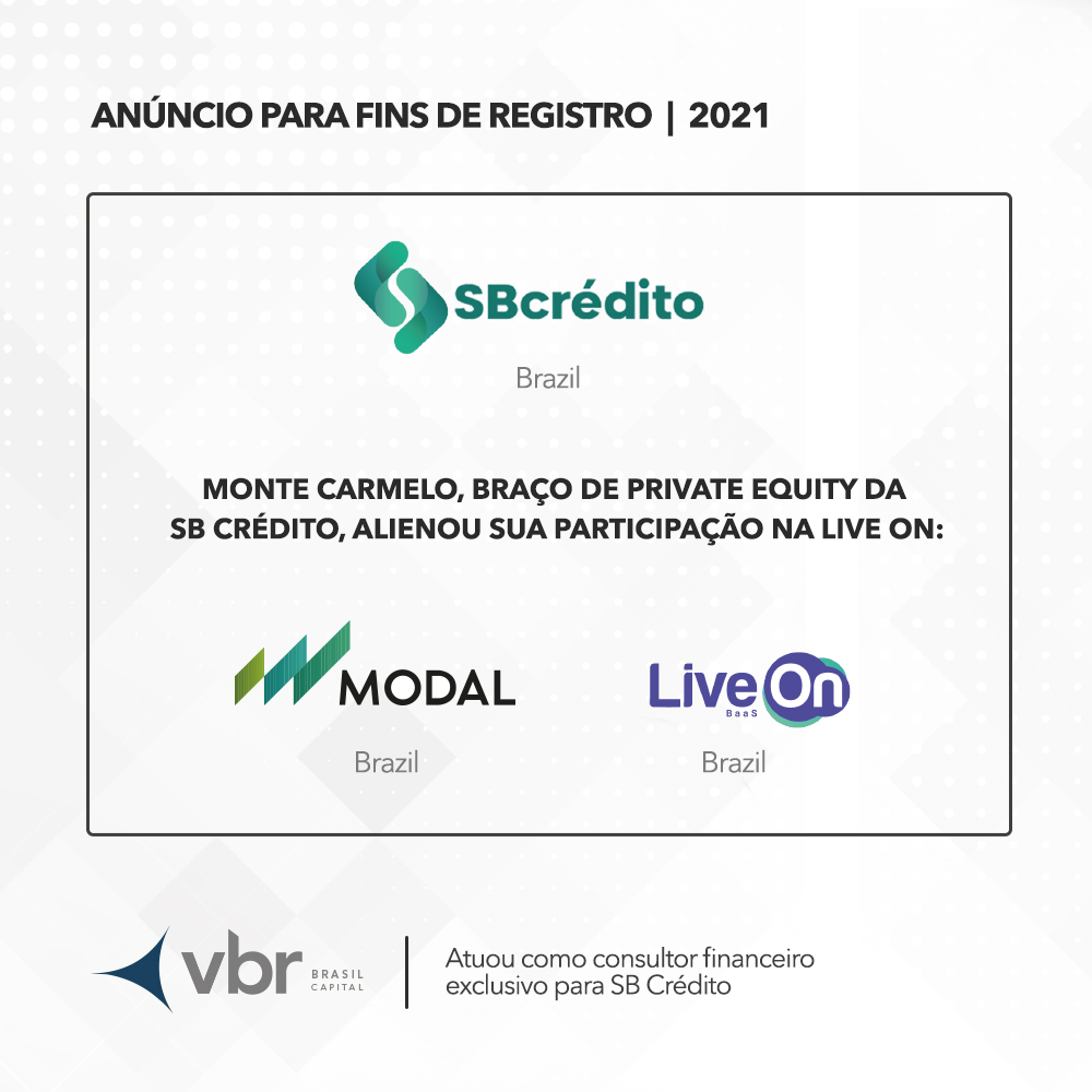 SB Crédito vende sua participação da Plataforma de meios de pagamentos LIVE-ON para Banco Modal